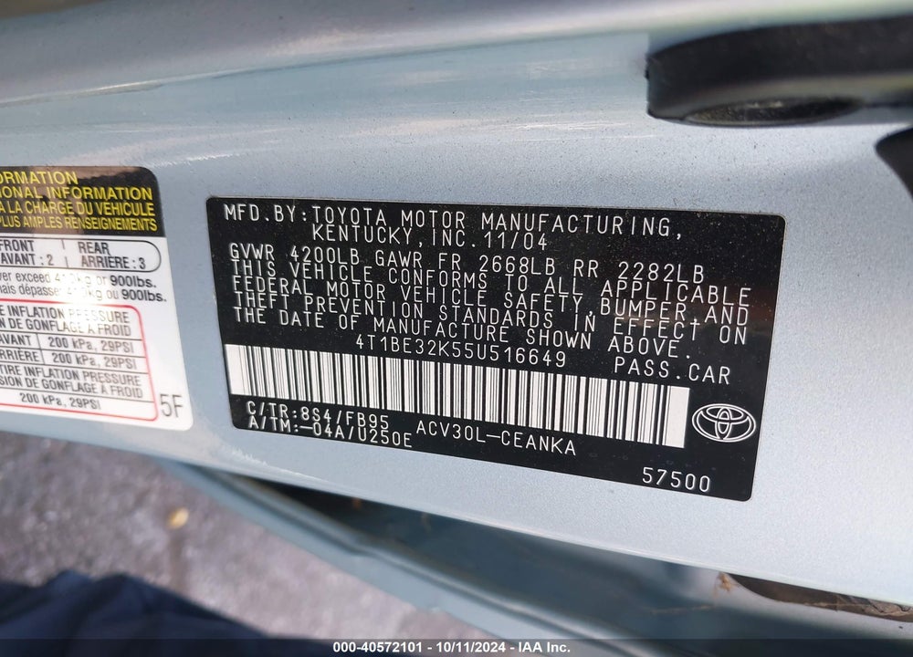 2005 TOYOTA CAMRY LE VIN: 4T1BE32K55U516649