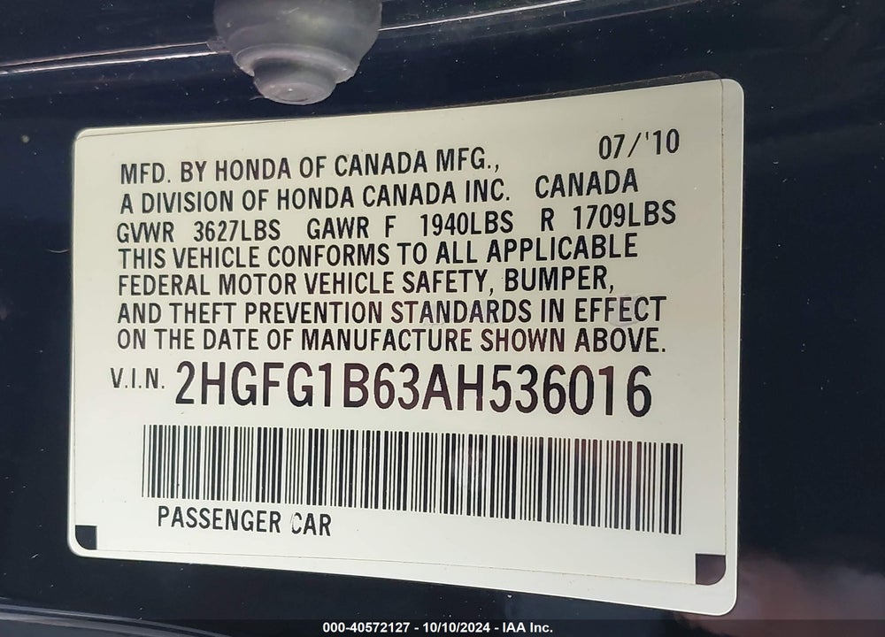 2010 HONDA CIVIC LX VIN: 2HGFG1B63AH536016