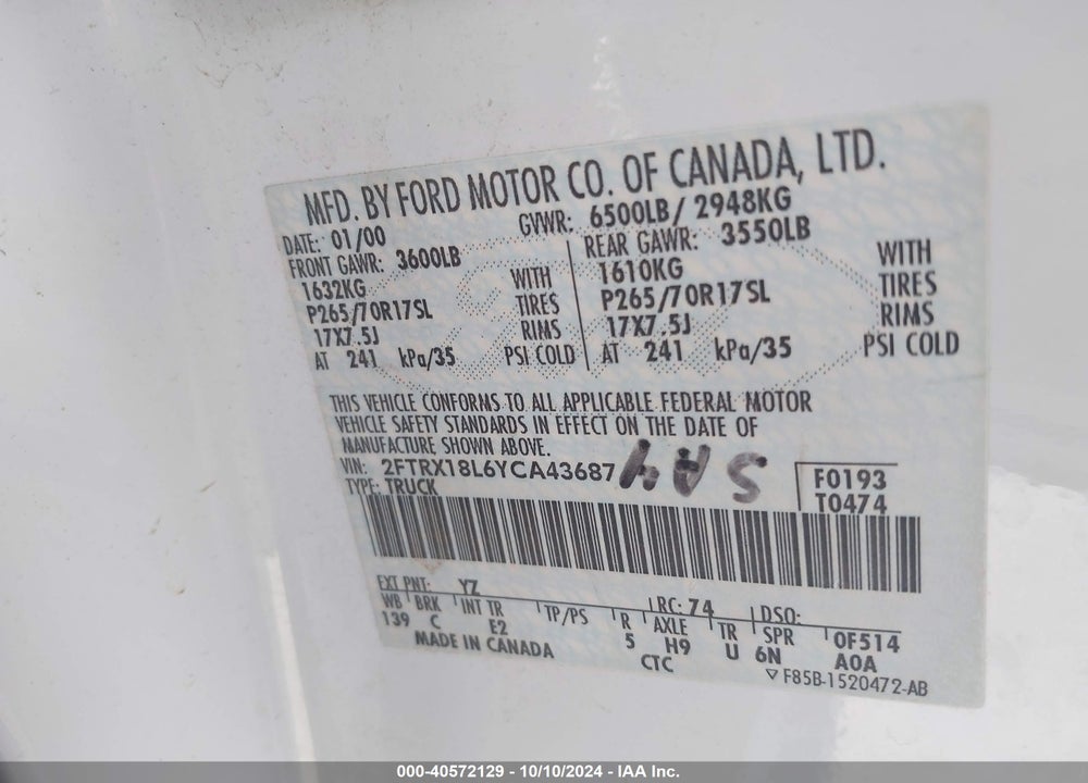 2000 FORD F-150 LARIAT/WORK SERIES/XL/XLT VIN: 2FTRX18L6YCA43687