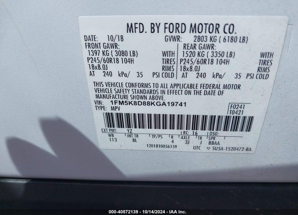 2019 FORD EXPLORER XLT VIN: 1FM5K8D88KGA19741