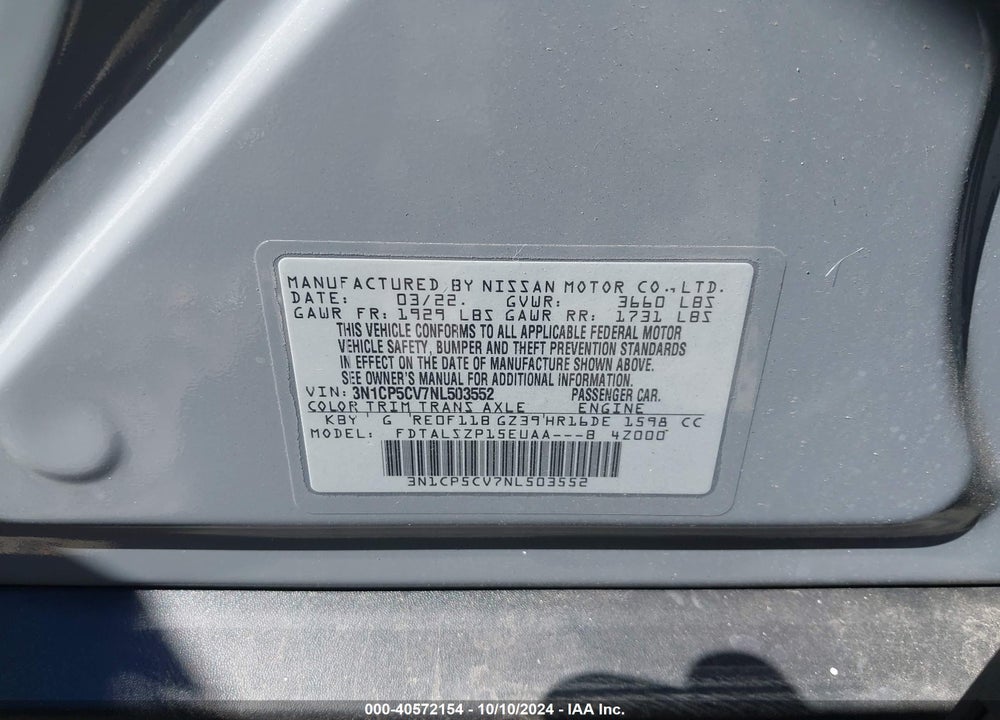 2022 NISSAN KICKS SV XTRONIC CVT VIN: 3N1CP5CV7NL503552