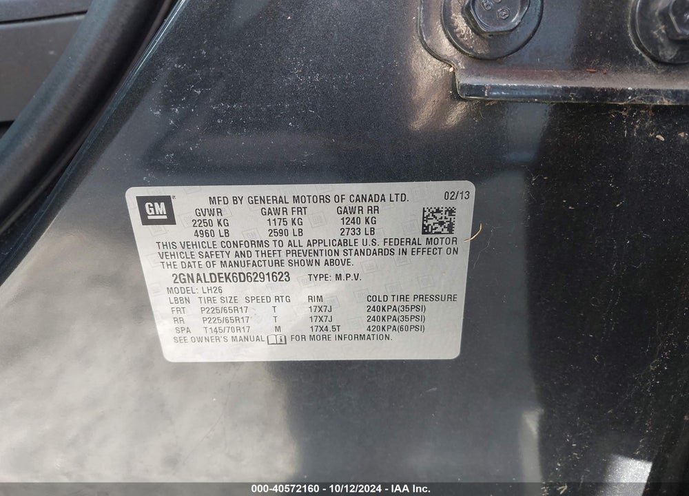 2013 CHEVROLET EQUINOX 1LT VIN: 2GNALDEK6D6291623