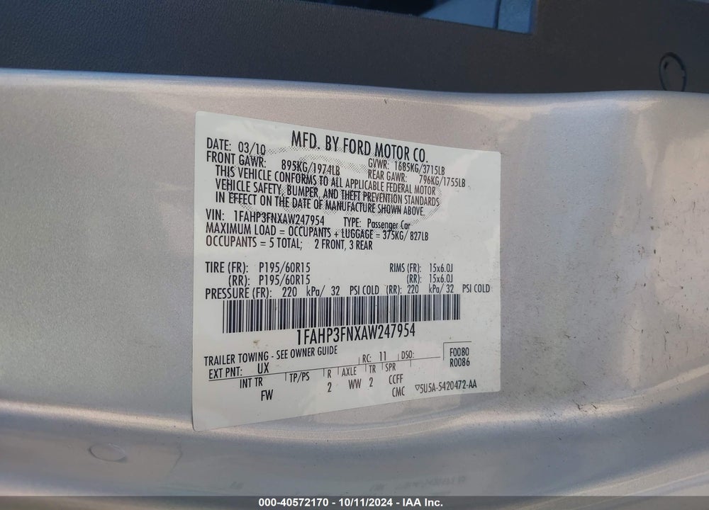 2010 FORD FOCUS SE VIN: 1FAHP3FNXAW247954