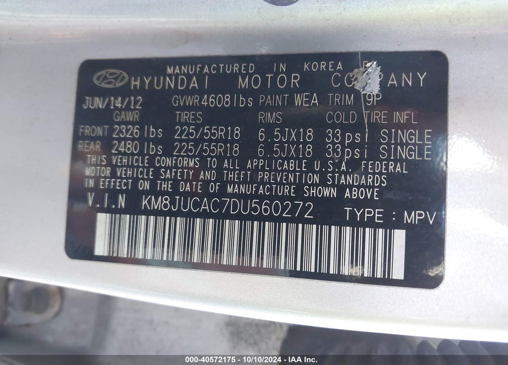 2013 HYUNDAI TUCSON LIMITED VIN: KM8JUCAC7DU560272