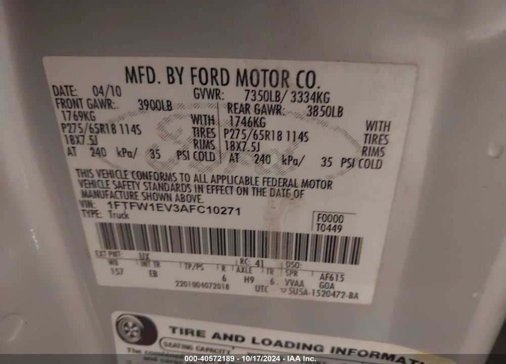 2010 HARLEY-DAVIDSON FORD F-150 FX4//KING RANCH/LARIAT/PLATINUM/XL/XLT VIN: 1FTFW1EV3AFC10271