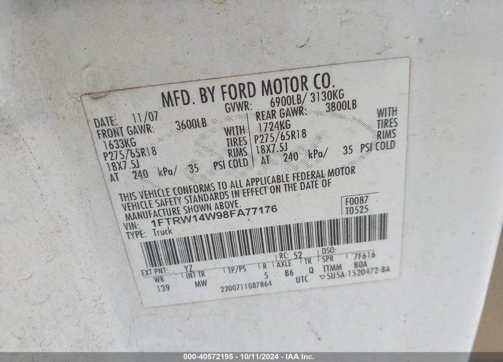 2008 FORD F-150 60TH ANNIVERSARY/XL/XLT VIN: 1FTRW14W98FA77176