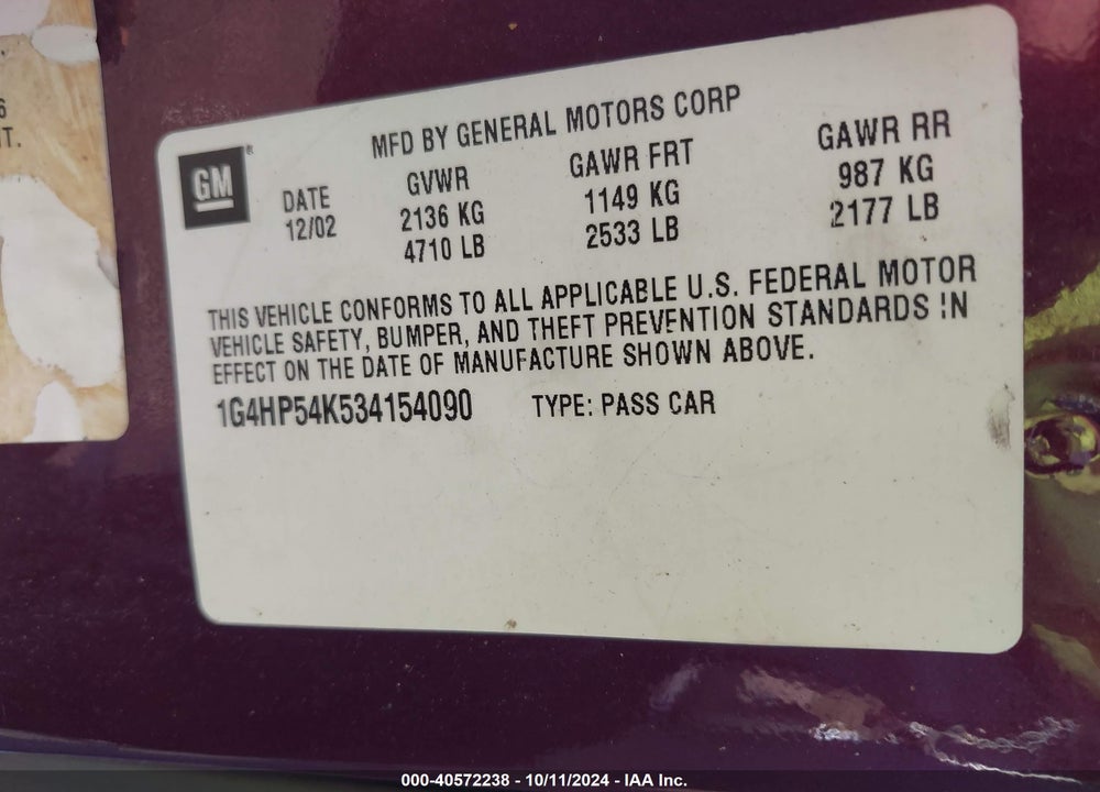 2003 BUICK LESABRE CUSTOM VIN: 1G4HP54K534154090