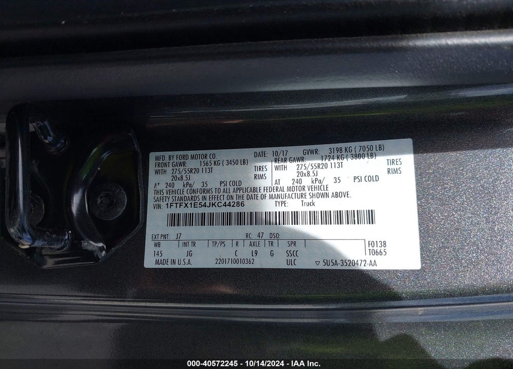 2018 FORD F-150 XL VIN: 1FTFX1E54JKC44286
