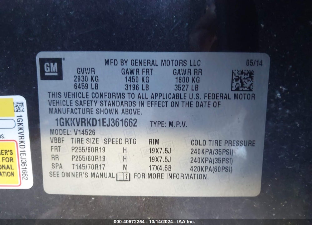 2014 GMC ACADIA SLT-1 VIN: 1GKKVRKD1EJ361662