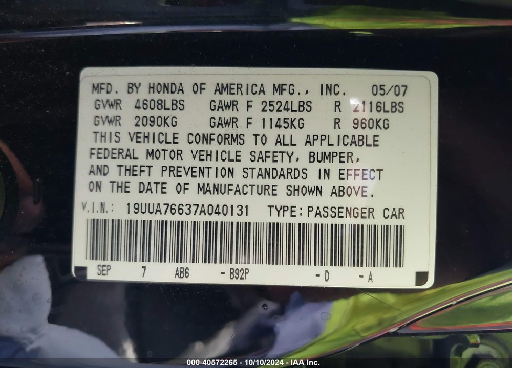 2007 ACURA TL TYPE S VIN: 19UUA76637A040131