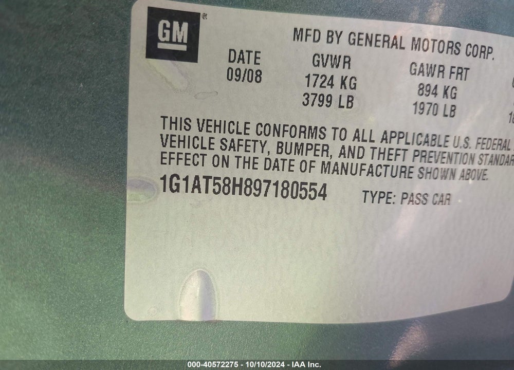 2009 CHEVROLET COBALT LT VIN: 1G1AT58H897180554