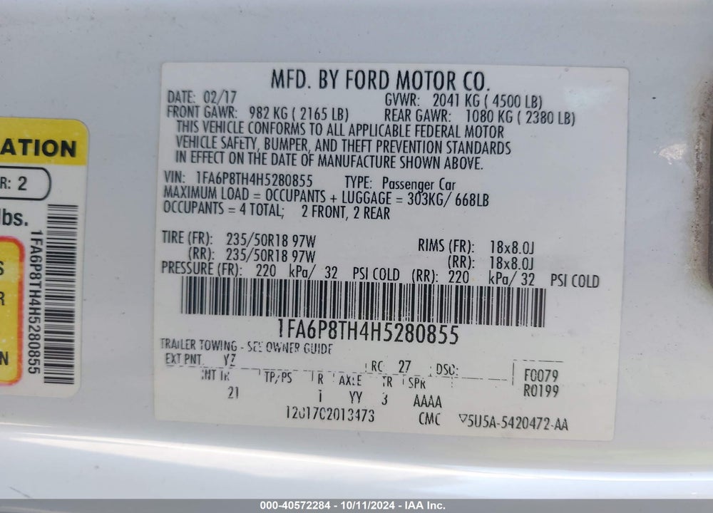 2017 FORD MUSTANG ECOBOOST VIN: 1FA6P8TH4H5280855