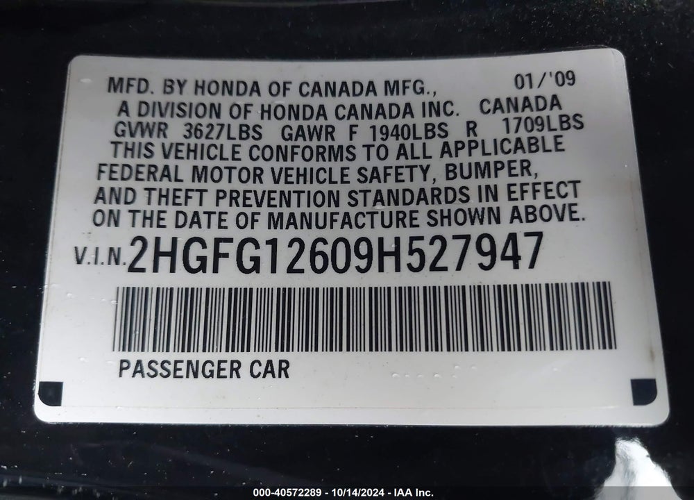 2009 HONDA CIVIC LX VIN: 2HGFG12609H527947