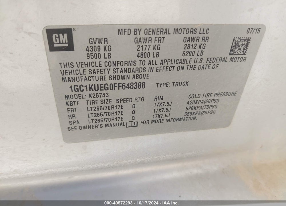 2015 CHEVROLET SILVERADO 2500HD WT VIN: 1GC1KUEG0FF648388