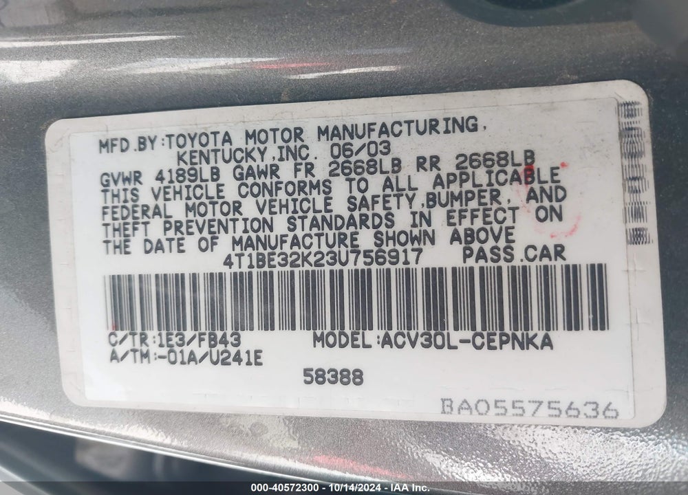 2003 TOYOTA CAMRY LE VIN: 4T1BE32K23U756917