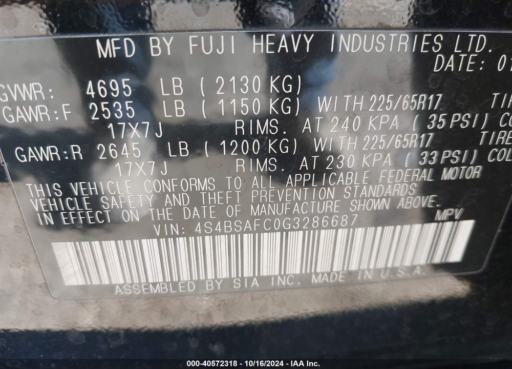 2016 SUBARU OUTBACK 2.5I PREMIUM VIN: 4S4BSAFC0G3286687
