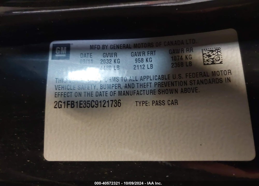 2012 CHEVROLET CAMARO 1LT VIN: 2G1FB1E35C9121736