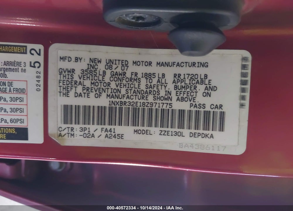 2008 TOYOTA COROLLA CE VIN: 1NXBR32E18Z971775