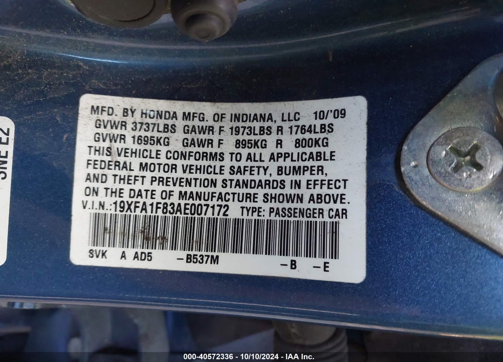 2010 HONDA CIVIC EX VIN: 19XFA1F83AE007172
