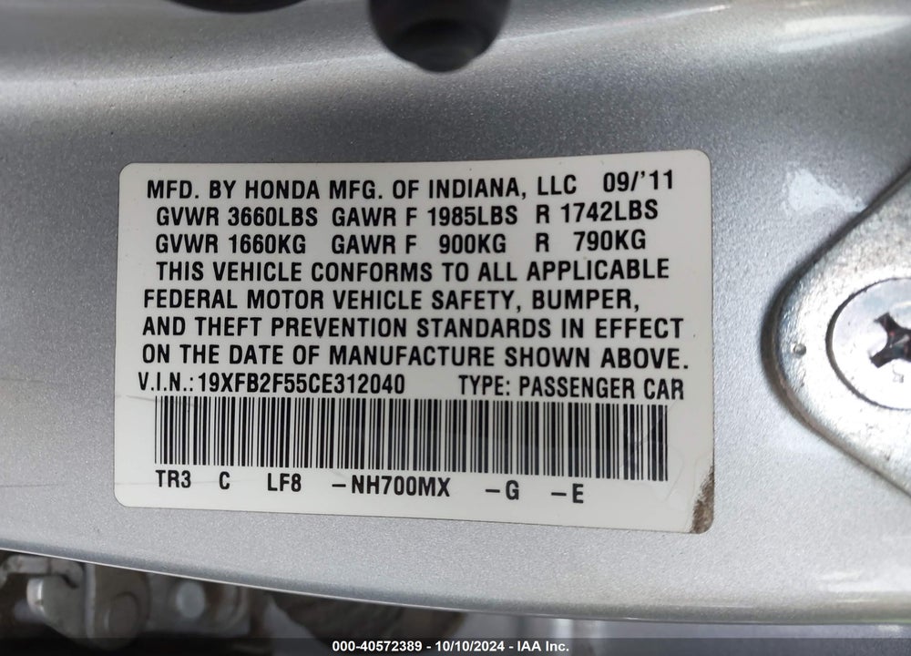 2012 HONDA CIVIC LX VIN: 19XFB2F55CE312040
