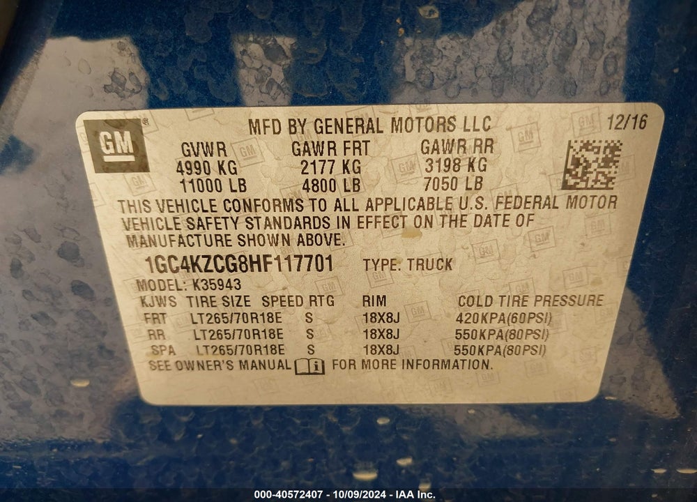 2017 CHEVROLET SILVERADO 3500HD LT VIN: 1GC4KZCG8HF117701