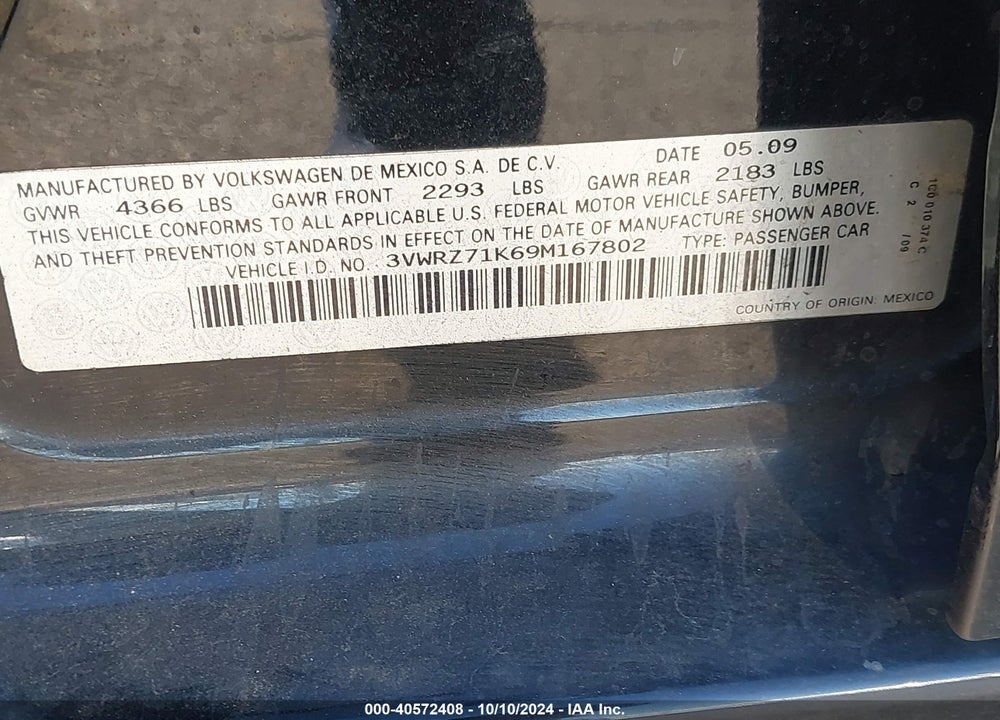 2009 VOLKSWAGEN JETTA SE VIN: 3VWRZ71K69M167802