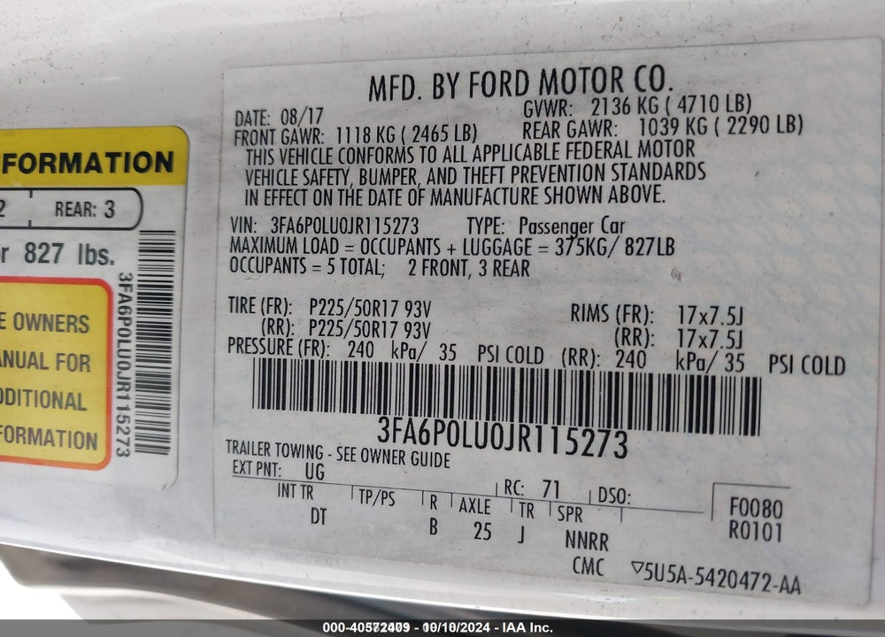 2018 FORD FUSION HYBRID SE VIN: 3FA6P0LU0JR115273