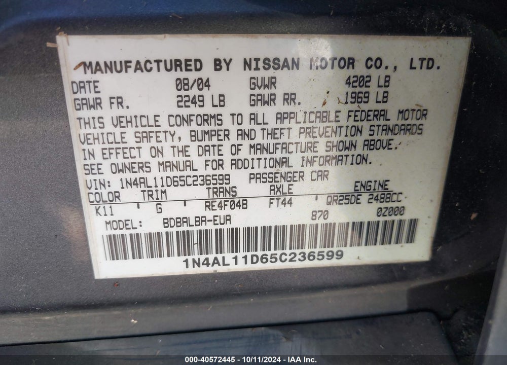 2005 NISSAN ALTIMA 2.5 S VIN: 1N4AL11D65C236599