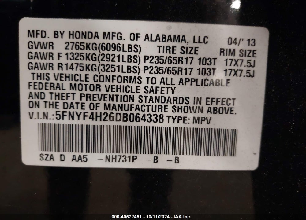 2013 HONDA PILOT LX VIN: 5FNYF4H26DB064338