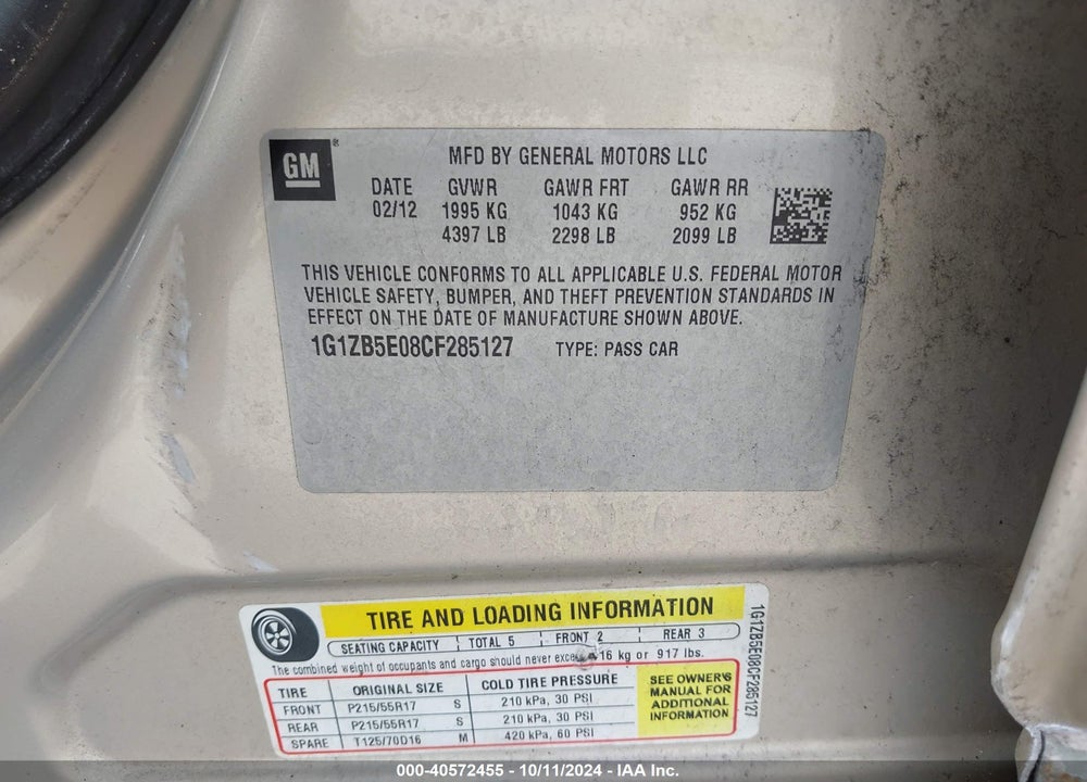2012 CHEVROLET MALIBU LS VIN: 1G1ZB5E08CF285127