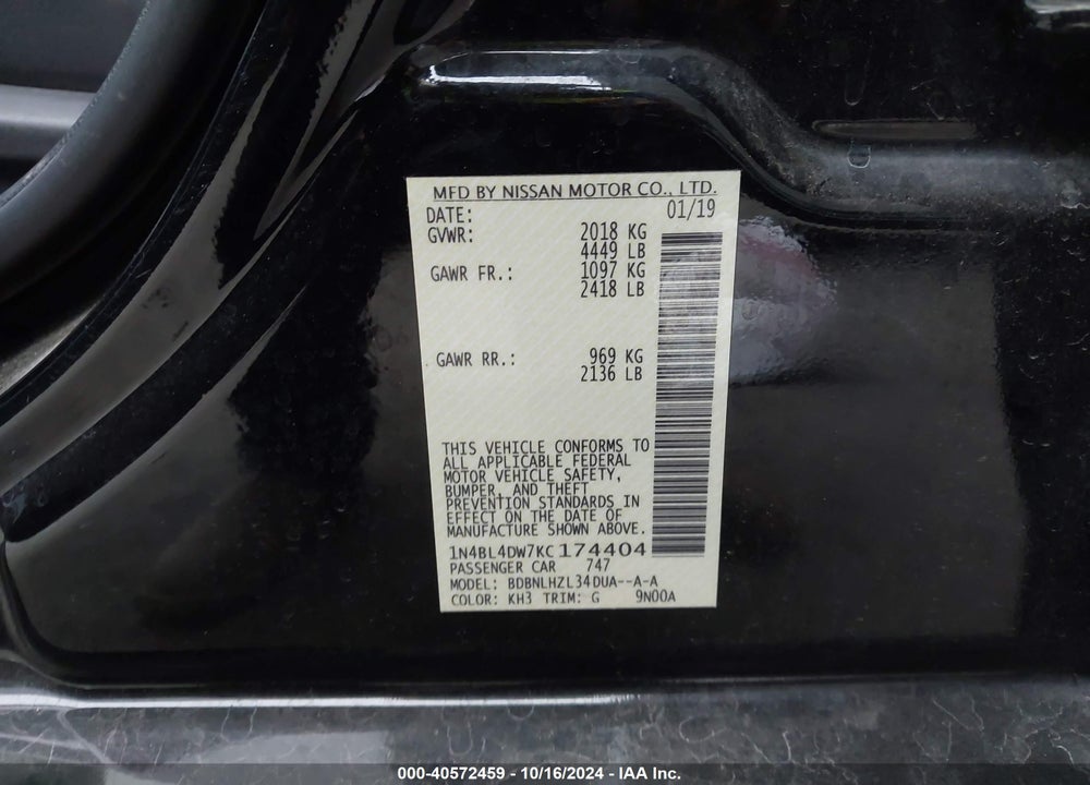 2019 NISSAN ALTIMA 2.5 SV VIN: 1N4BL4DW7KC174404