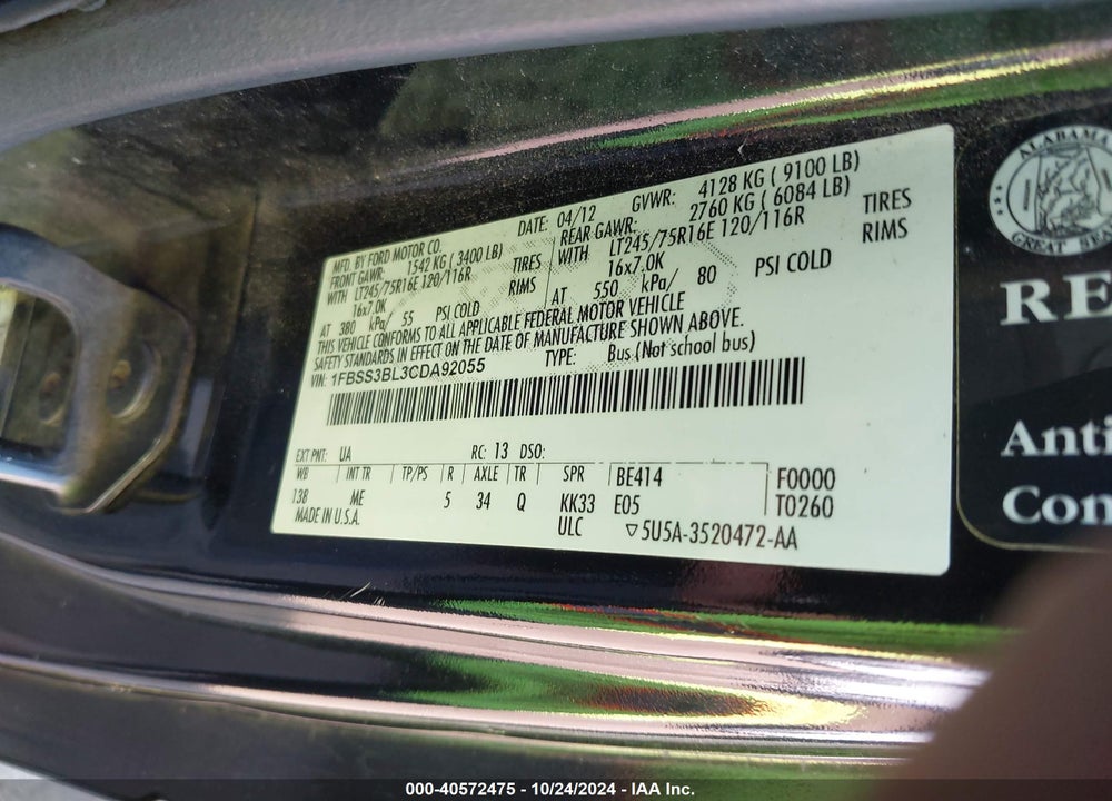 2012 FORD E-350 SUPER DUTY XLT VIN: 1FBSS3BL3CDA92055