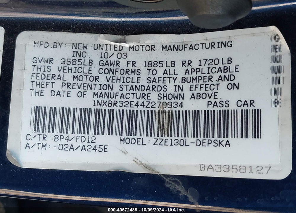 2004 TOYOTA COROLLA S VIN: 1NXBR32E44Z270934