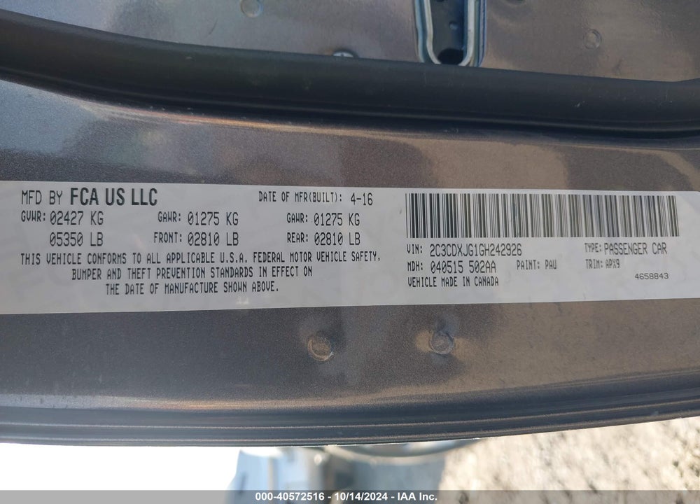 2016 DODGE CHARGER VIN: 2C3CDXJG1GH242926