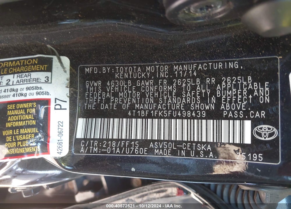 2015 TOYOTA CAMRY SE VIN: 4T1BF1FK5FU498439
