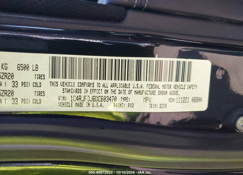 2013 JEEP GRAND CHEROKEE SRT8 VAPOR VIN: 1C4RJFDJ6DC603470