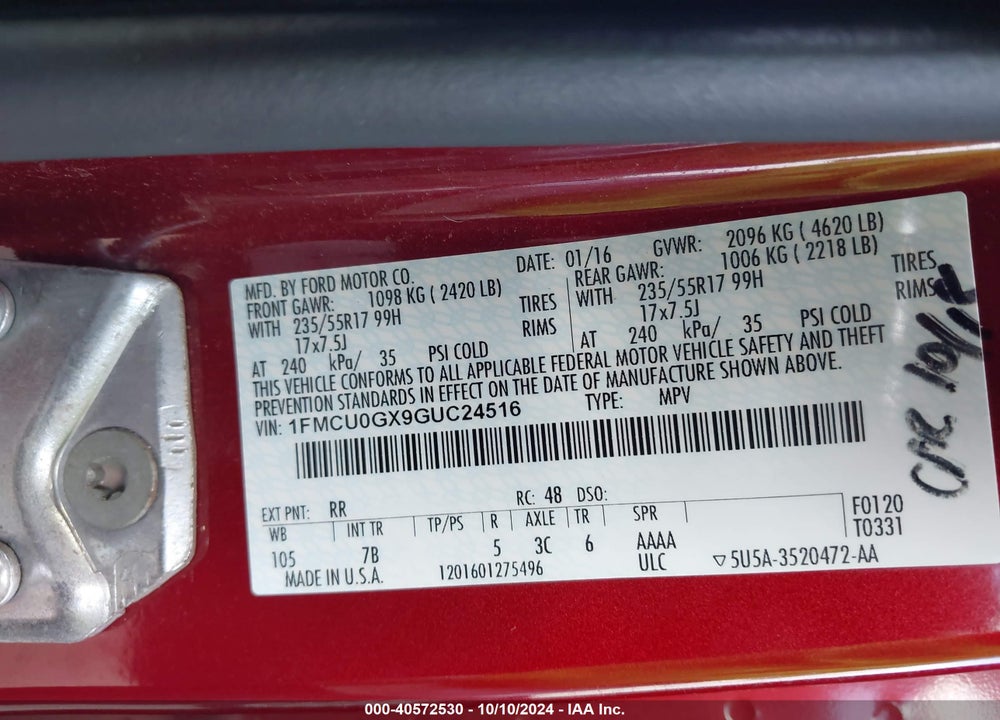 2016 FORD ESCAPE SE VIN: 1FMCU0GX9GUC24516