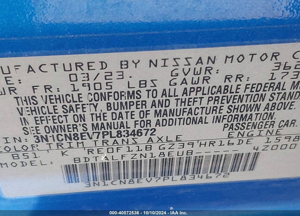 2023 NISSAN VERSA 1.6 SV XTRONIC CVT VIN: 3N1CN8EV7PL834672