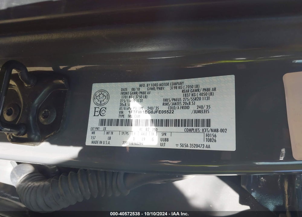2018 FORD F-150 LARIAT VIN: 1FTFW1EG0JFE05522