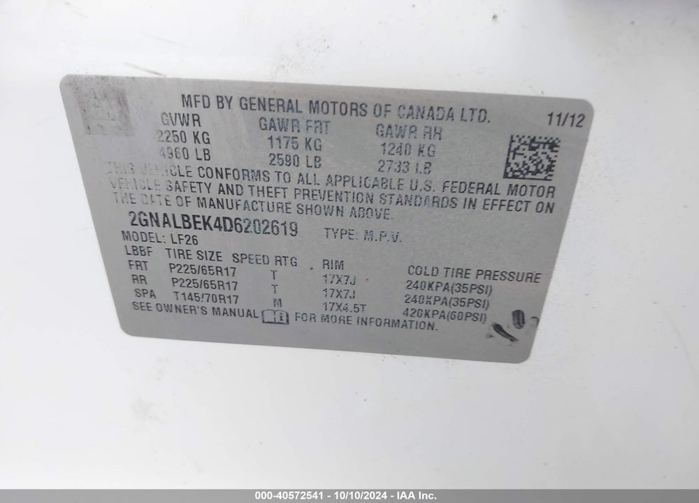 2013 CHEVROLET EQUINOX LS VIN: 2GNALBEK4D6202619