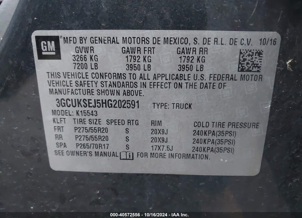 2017 CHEVROLET SILVERADO 1500 2LZ VIN: 3GCUKSEJ5HG202591