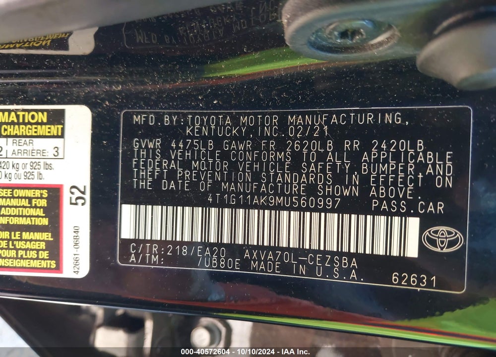 2021 TOYOTA CAMRY SE VIN: 4T1G11AK9MU560997