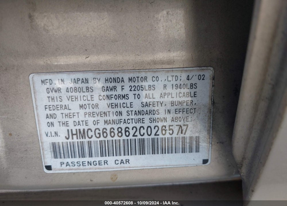 2002 HONDA ACCORD 2.3 EX/2.3 SE VIN: JHMCG66862C026577