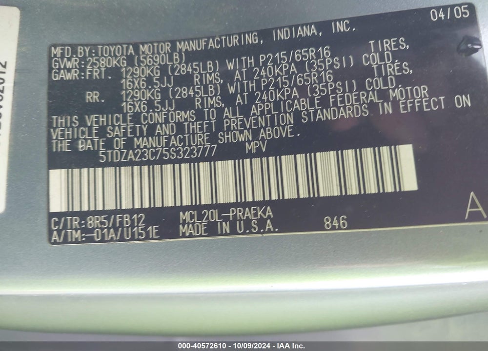 2005 TOYOTA SIENNA LE VIN: 5TDZA23C75S323777