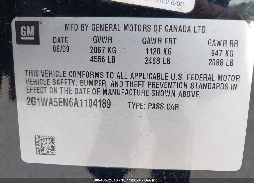 2010 CHEVROLET IMPALA VIN: 2G1WA5EN6A1104189