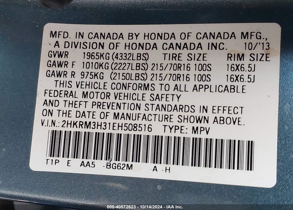 2014 HONDA CR-V LX VIN: 2HKRM3H31EH508516