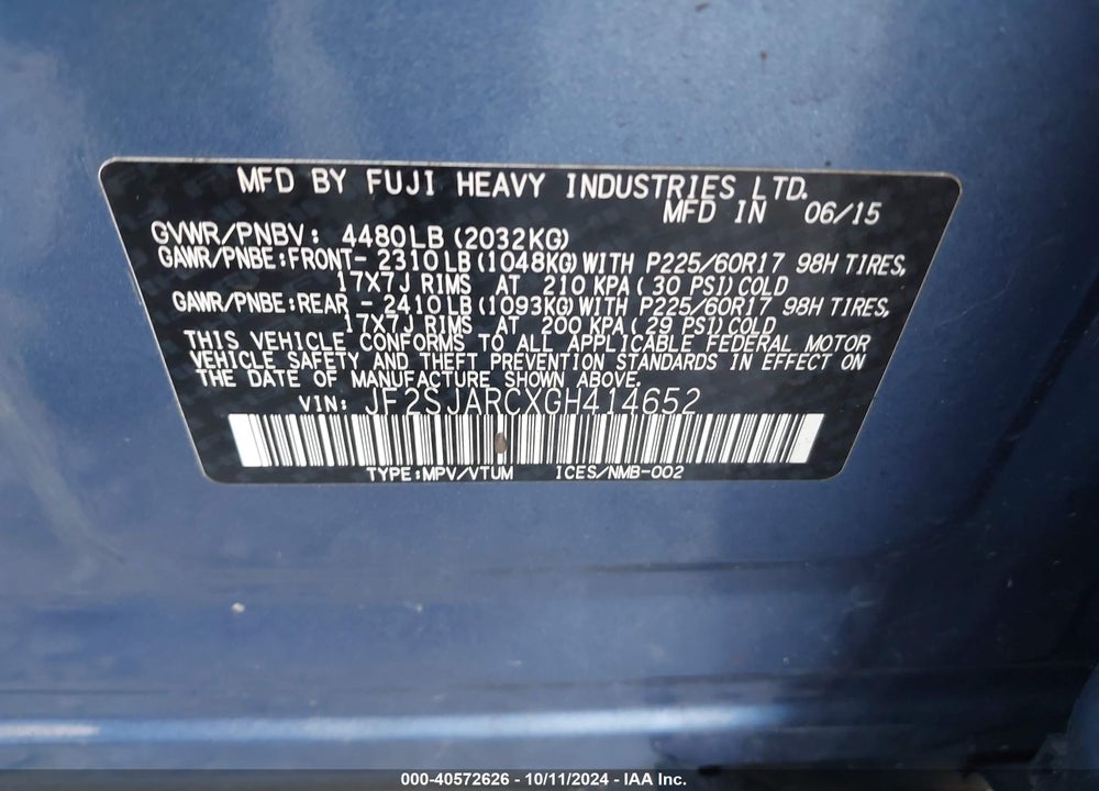 2016 SUBARU FORESTER 2.5I LIMITED VIN: JF2SJARCXGH414652