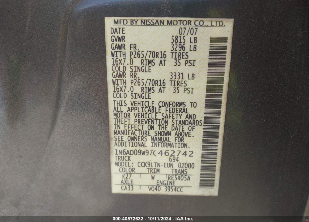 2007 NISSAN FRONTIER SE VIN: 1N6AD09W97C462742