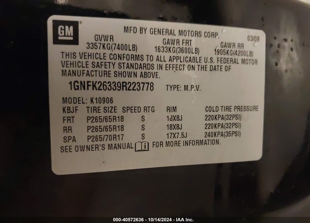 2009 CHEVROLET SUBURBAN 1500 LT2 VIN: 1GNFK26339R223778