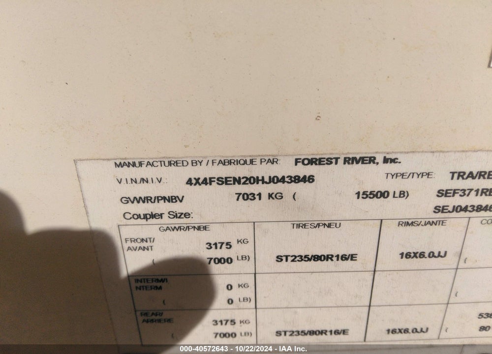 2017 SIERRA OTHER VIN: 4X4FSEN20HJ043846